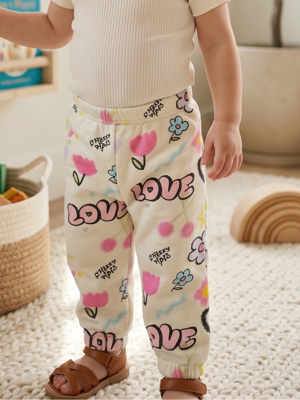 Zara Cream Joggers with Pink Floral & 'Love' Graphics
